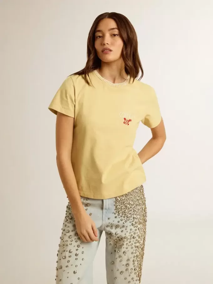 Dames-T-shirt van katoenen jersey met borduursel op de hals en het hart