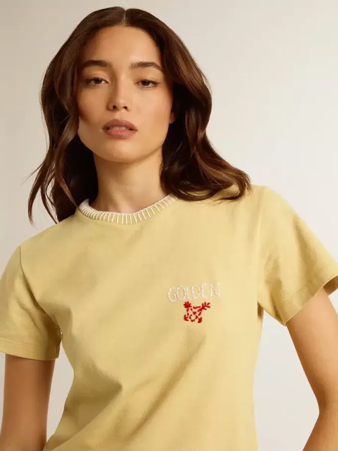 Dames-T-shirt van katoenen jersey met borduursel op de hals en het hart