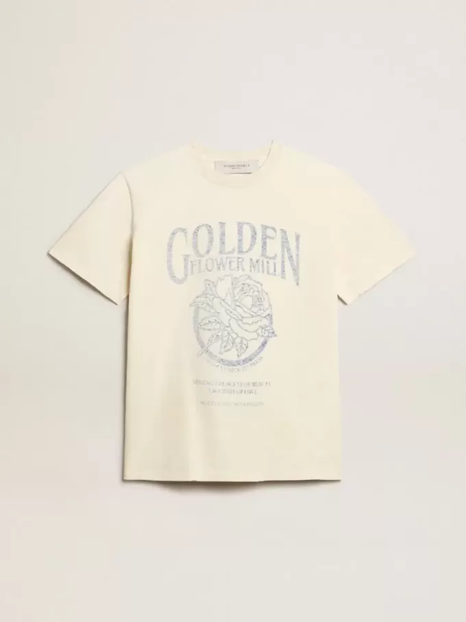 Dames-T-shirt van verouderd wit katoen met seizoensprint