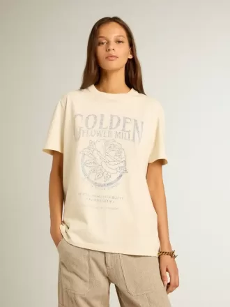 Dames-T-shirt van verouderd wit katoen met seizoensprint