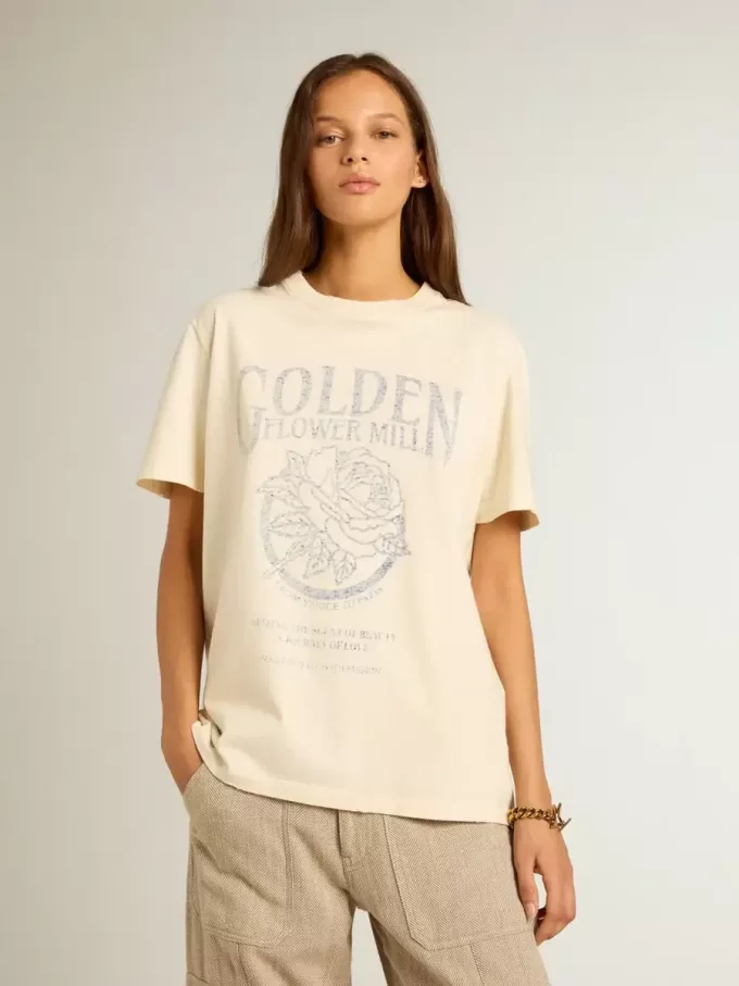 Dames-T-shirt van verouderd wit katoen met seizoensprint