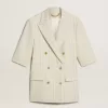 Damesblazer in wit en grijs krijtstreep wolmix met korte mouwen