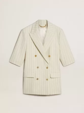 Damesblazer in wit en grijs krijtstreep wolmix met korte mouwen