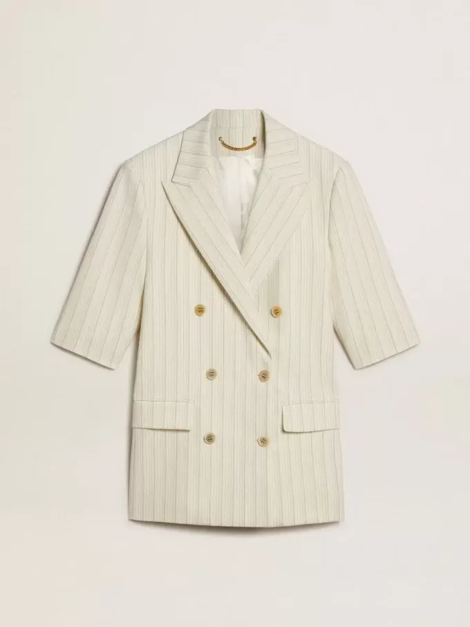 Damesblazer in wit en grijs krijtstreep wolmix met korte mouwen