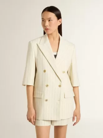 Damesblazer in wit en grijs krijtstreep wolmix met korte mouwen