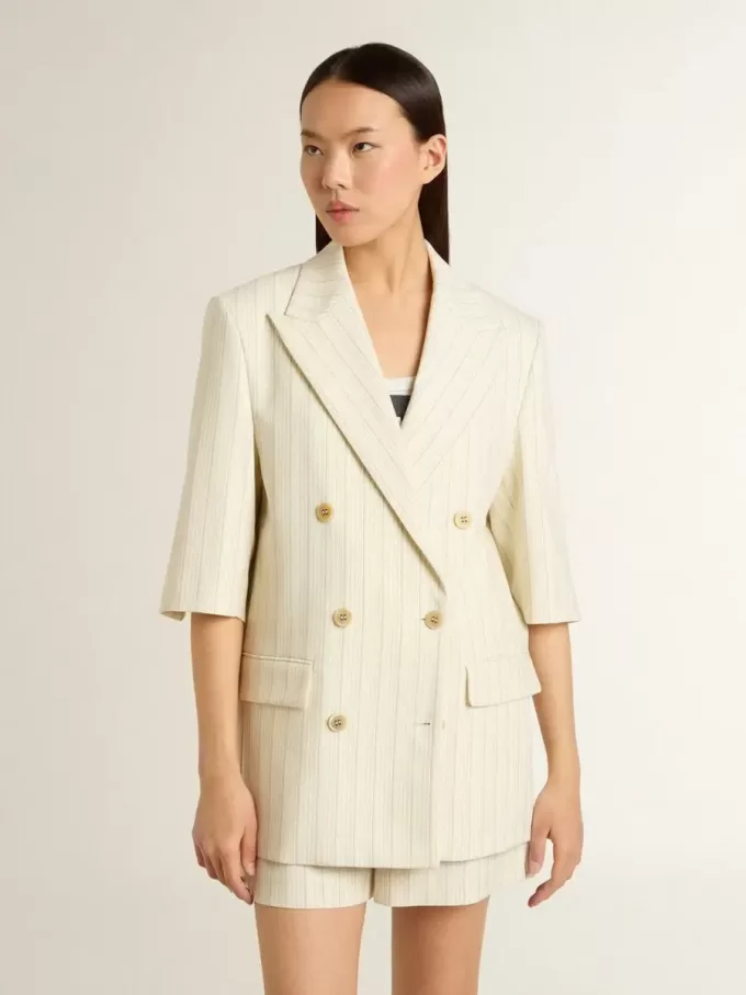 Damesblazer in wit en grijs krijtstreep wolmix met korte mouwen