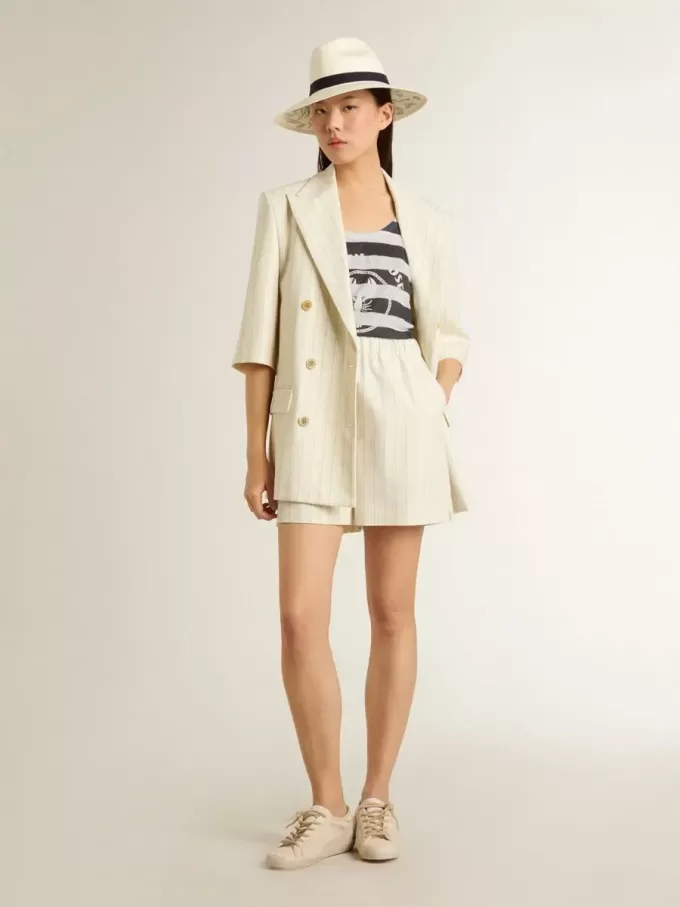 Damesblazer in wit en grijs krijtstreep wolmix met korte mouwen