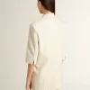 Damesblazer in wit en grijs krijtstreep wolmix met korte mouwen