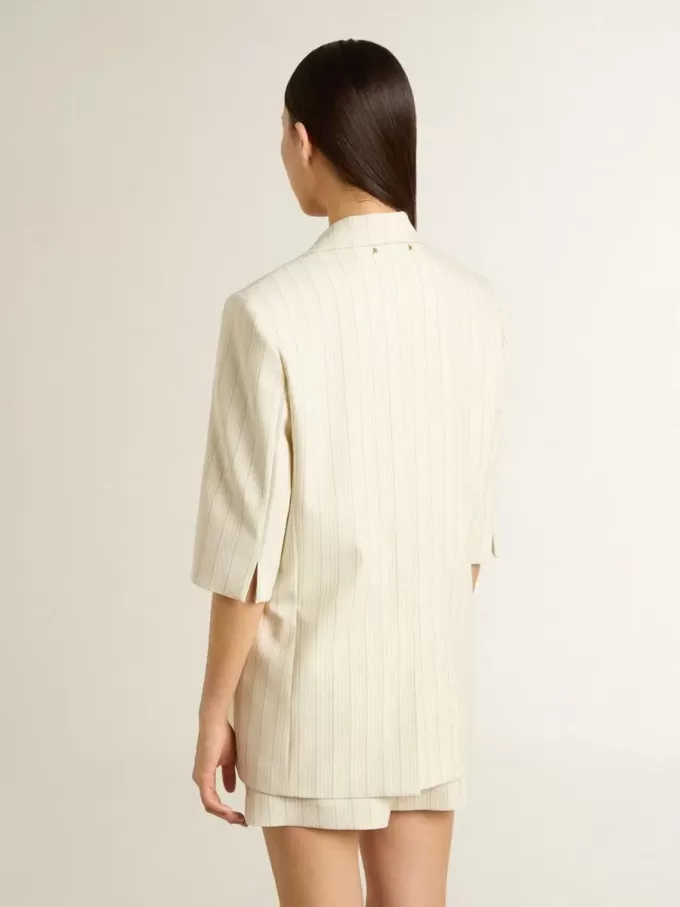 Damesblazer in wit en grijs krijtstreep wolmix met korte mouwen