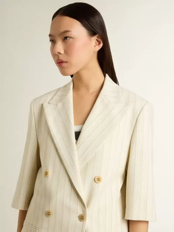 Damesblazer in wit en grijs krijtstreep wolmix met korte mouwen