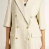 Damesblazer in wit en grijs krijtstreep wolmix met korte mouwen