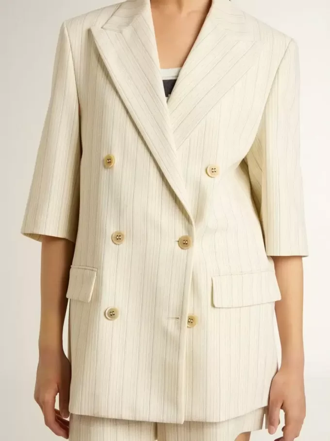 Damesblazer in wit en grijs krijtstreep wolmix met korte mouwen