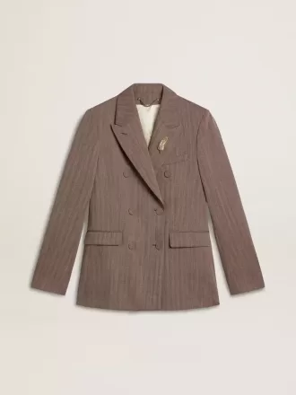 Damesblazer met dubbele knoopsluiting in beige chevron wolmix