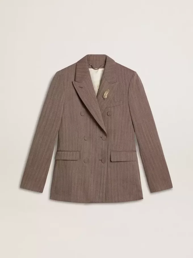 Damesblazer met dubbele knoopsluiting in beige chevron wolmix