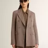 Damesblazer met dubbele knoopsluiting in beige chevron wolmix