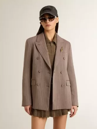 Damesblazer met dubbele knoopsluiting in beige chevron wolmix
