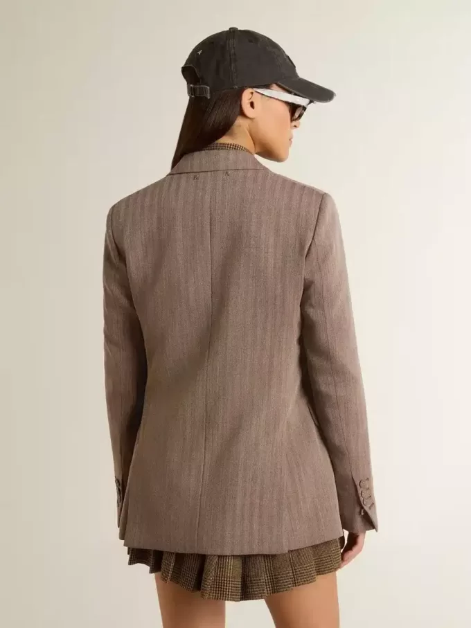 Damesblazer met dubbele knoopsluiting in beige chevron wolmix