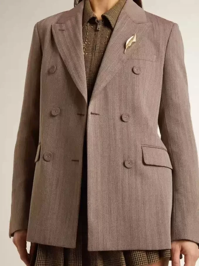 Damesblazer met dubbele knoopsluiting in beige chevron wolmix