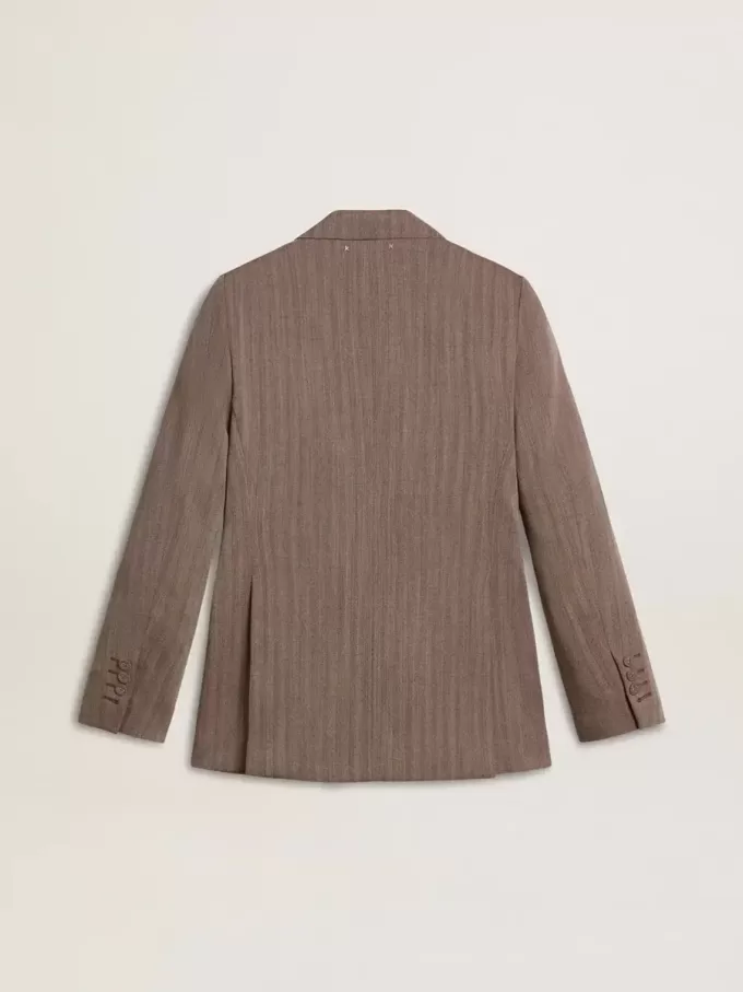 Damesblazer met dubbele knoopsluiting in beige chevron wolmix