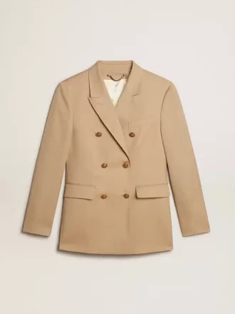 Damesblazer met dubbele knoopsluiting in zandkleur met gouden heraldische knopen