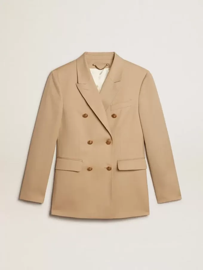 Damesblazer met dubbele knoopsluiting in zandkleur met gouden heraldische knopen