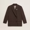 Damesblazer met dubbele knoopsluiting van donkerbruine wol met dun streepmotief