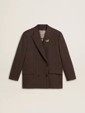Damesblazer met dubbele knoopsluiting van donkerbruine wol met dun streepmotief
