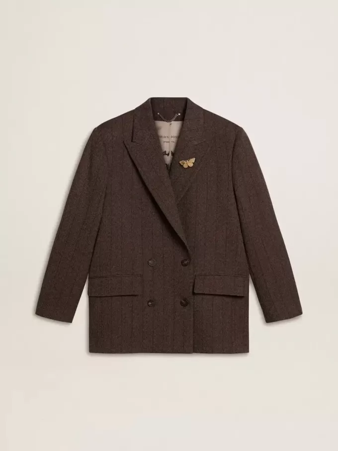 Damesblazer met dubbele knoopsluiting van donkerbruine wol met dun streepmotief