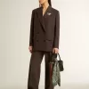 Damesblazer met dubbele knoopsluiting van donkerbruine wol met dun streepmotief