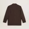 Damesblazer met dubbele knoopsluiting van donkerbruine wol met dun streepmotief
