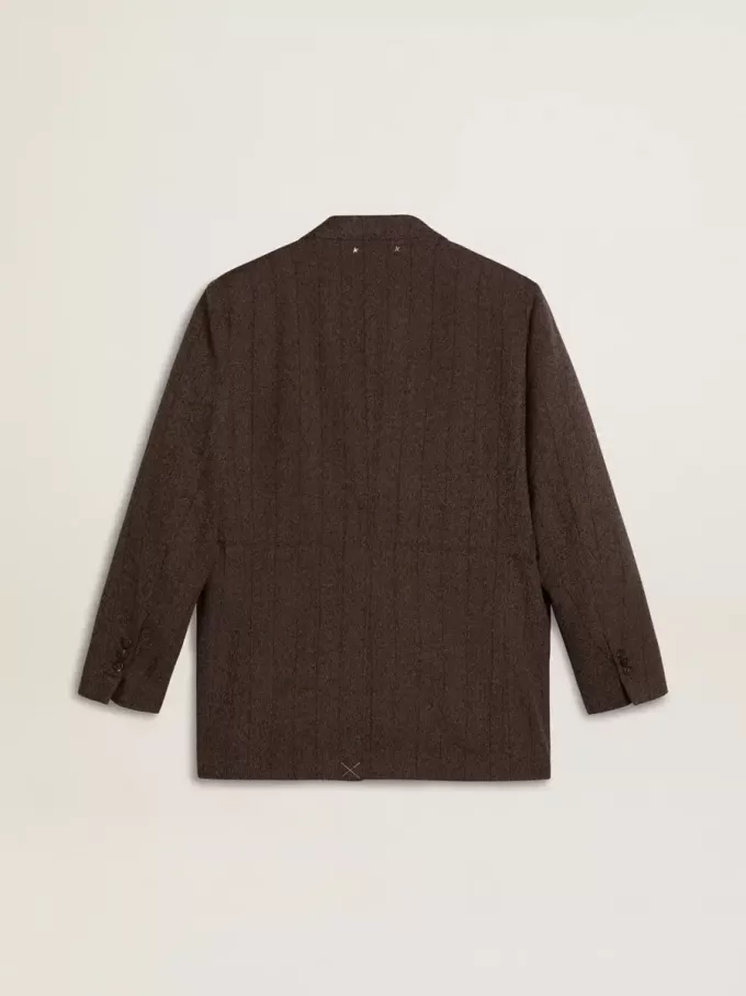 Damesblazer met dubbele knoopsluiting van donkerbruine wol met dun streepmotief