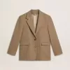 Damesblazer met enkele knoopsluiting in zandkleurig visgraatmotief