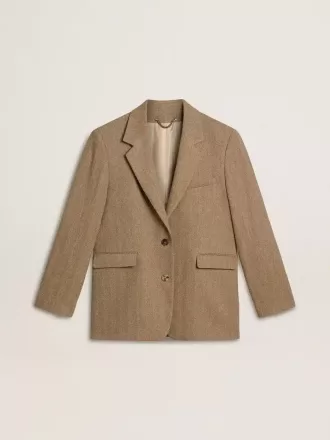 Damesblazer met enkele knoopsluiting in zandkleurig visgraatmotief