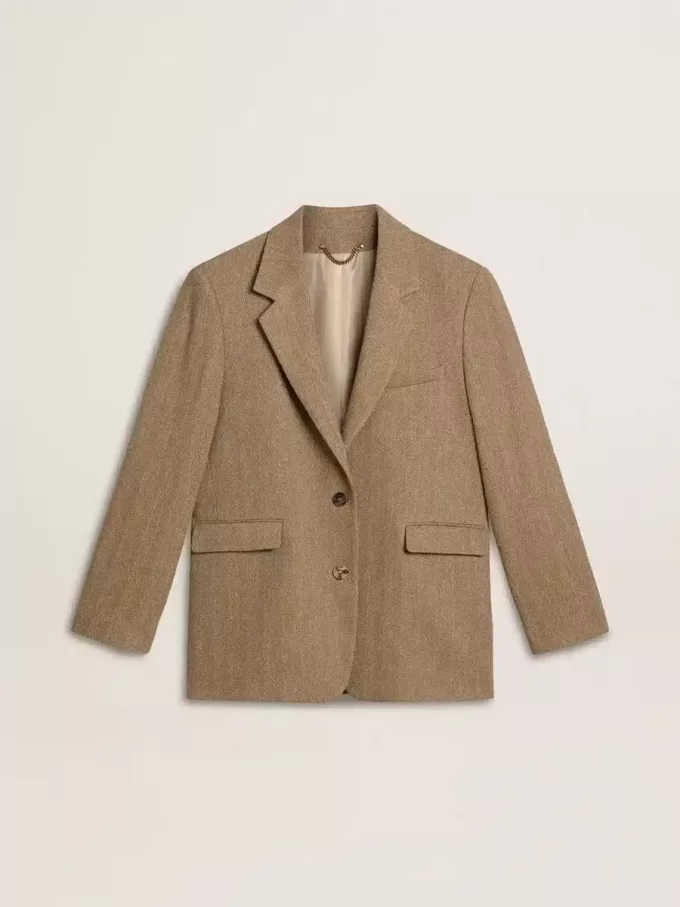 Damesblazer met enkele knoopsluiting in zandkleurig visgraatmotief