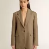 Damesblazer met enkele knoopsluiting in zandkleurig visgraatmotief