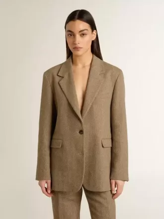 Damesblazer met enkele knoopsluiting in zandkleurig visgraatmotief