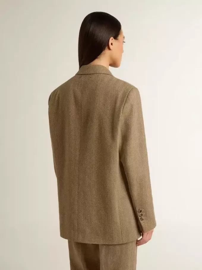 Damesblazer met enkele knoopsluiting in zandkleurig visgraatmotief