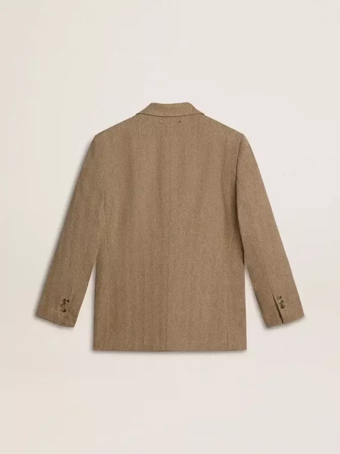 Damesblazer met enkele knoopsluiting in zandkleurig visgraatmotief