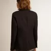 Damesblazer met enkele knoopsluiting van donkerblauwe wollen gabardine