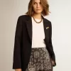 Damesblazer met enkele knoopsluiting van donkerblauwe wollen gabardine