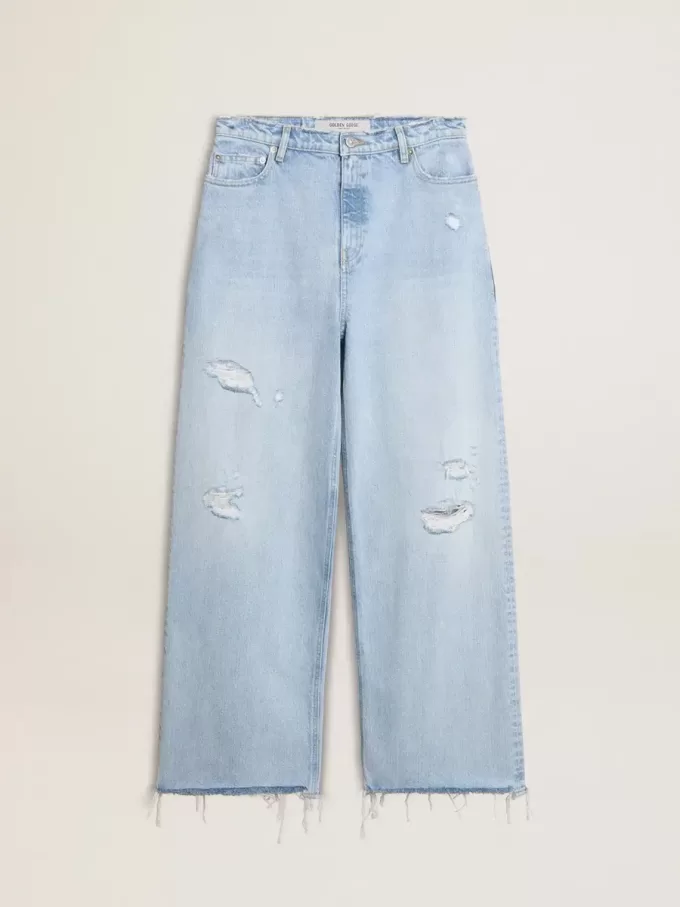 Damesbroek in denim met doorleefd effect