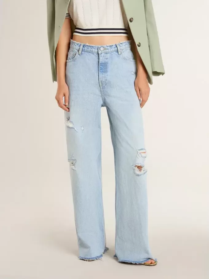 Damesbroek in denim met doorleefd effect