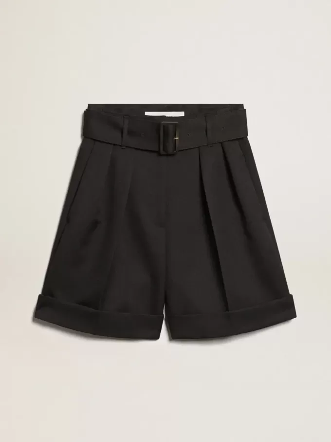 Damesbroek in zwarte wollen gabardine met tailleband