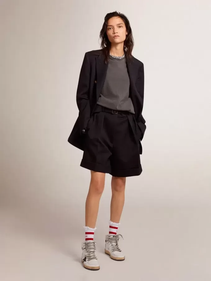 Damesbroek in zwarte wollen gabardine met tailleband