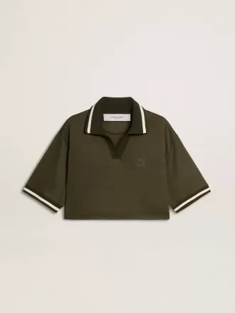 Damescropped polo van militairgroen jersey met borduursel