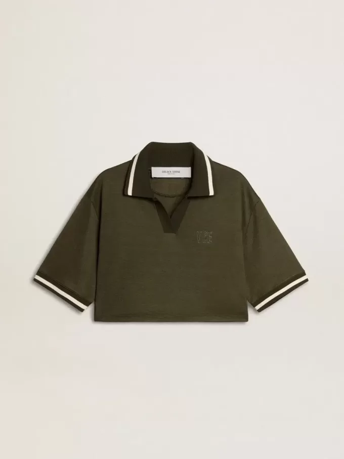 Damescropped polo van militairgroen jersey met borduursel
