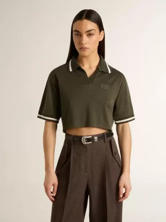 Damescropped polo van militairgroen jersey met borduursel
