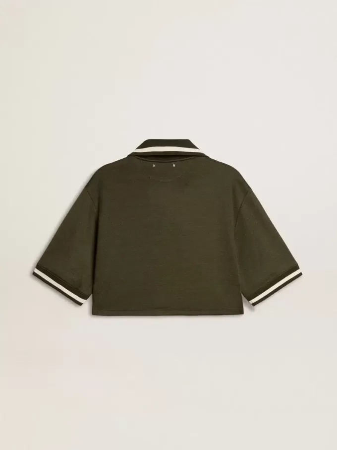 Damescropped polo van militairgroen jersey met borduursel