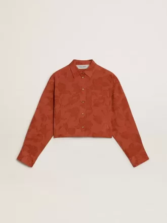 Dameshemd in baksteenrood jacquard met wijde mouwen