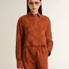 Dameshemd in baksteenrood jacquard met wijde mouwen